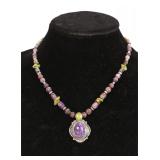 PURPLE & GREEN JADE & STERLING SILVER NECKLACE