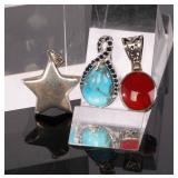 3 STERLING PENDANTS TURQUOISE, OXBLOOD