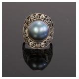 GREY PEARL & STERLING SILVER COCKTAIL RING