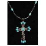 STERLING SILVER & TURQUOISE CROSS PENDANT NECKLACE
