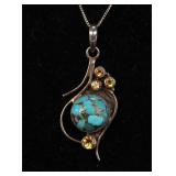 TURQUOISE GOLD CITRINE STERLING NECKLACE & PEND.