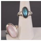 2 STERLING SILVER RINGS LABRADORITE MOTHER O PEARL