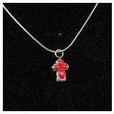 CORAL & STERLING CROSS PENDANT SILVER NECKLACE