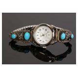 SIGNED NATIVE AMER. STERLING TURQUOISE WATCH BAND