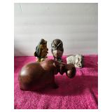 4 Animals 1 Big Wooden Hippo,1 Ceramic Hippo