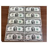 10 Crisp UC 1976 Bicentennial $2 Fed. Res. Bills