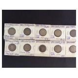 10 x Scarce Date Early Liberty Nickels 1885-1896