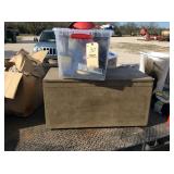 WOODEN BOX AND CONTAINER W/ PAINTING SUPPLIES