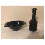 Set of 2 Black Glass Bowl and Decanter