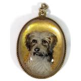 14K GOLD LOCKET PAINTED INTAGLIO GLASS TERRIER