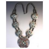 SIGNED ZUNI STERLING INLAY BLUEBIRD NECKLACE