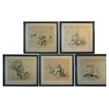 5 ASIAN LANDSCAPE & BIRD WOODBLOCK PRINTS