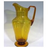 AMBER HAND BLOWN CUT GLASS FOOTED PITCHER 12"H