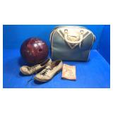 Old bowling ball,bag,shoes and book