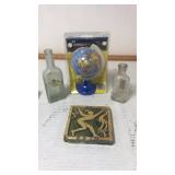 Globe pencil sharpener,bottles,rain plaque