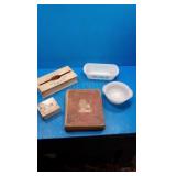 Assorted glass wear and book Assorted glass wear and book