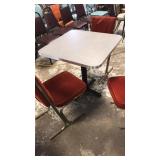 Metal square table. 3 velvet chairs