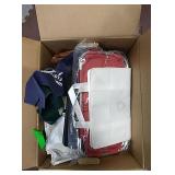 Box of miscilanious coolers, bags, binder,