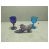 Fenton shoe and purple and blue stemware