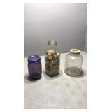 Purple jar. Bottle of corks. Jar