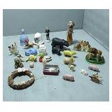 Flat of glass animal figurines, bells, and more