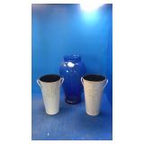 Large blue glass vase 2 metal flower vases