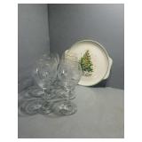 6 Winter wine glasses & Christmas tree platter