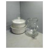 2 Corningware casseroles & Pitcher