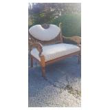 Hand Carved Oak Settee - Reupholstered