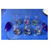 Glass tray with 6 glass colored shot glasses