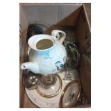 Box of plates, painted teapot missing lid, and