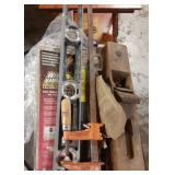 Flat with level,hammer, vintage wood planer, and