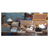 Table top lot tool box, dolls, hats, lamp, and