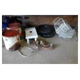 Lot under table grease cans, wooden stool, metal