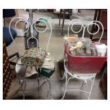 2 white metal chairs things on chairs included