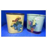 2 metal trash and. Flowers
