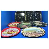 7 assorted metal vintage trays. Round,oval