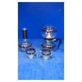 Carafe with sugar n creamer glass red and gold