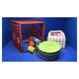 Crate of plastic dishes. Old lunchbox