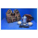 Vintage metal pot and cups. And plaid bags