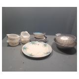 Bread tray with glass dishes, plates, pan set,