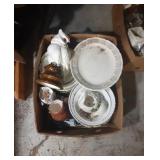 Box with plates, mugs, owls and more