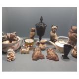 Plastic bread crate with owls, tea kettle, angel,