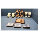 Wood and plastic wall hangings, birdhouse,