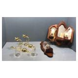 Wood and brass candle holders hangers glass