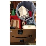 Box of plastic containers, trash can
