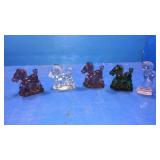 5 solid glass horses purple,green,clear