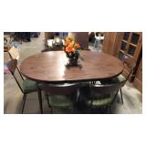 Mcm table 6 chairs and leaf. Green covered chairs