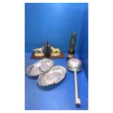 Dog bookends,dipper,tray. Kerosene lamp