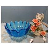 Heavy blue glass bowl and angel
